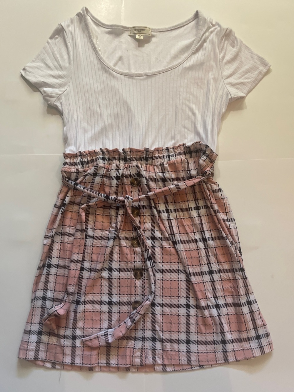 White Top with Pink Plaid Skirt Dress